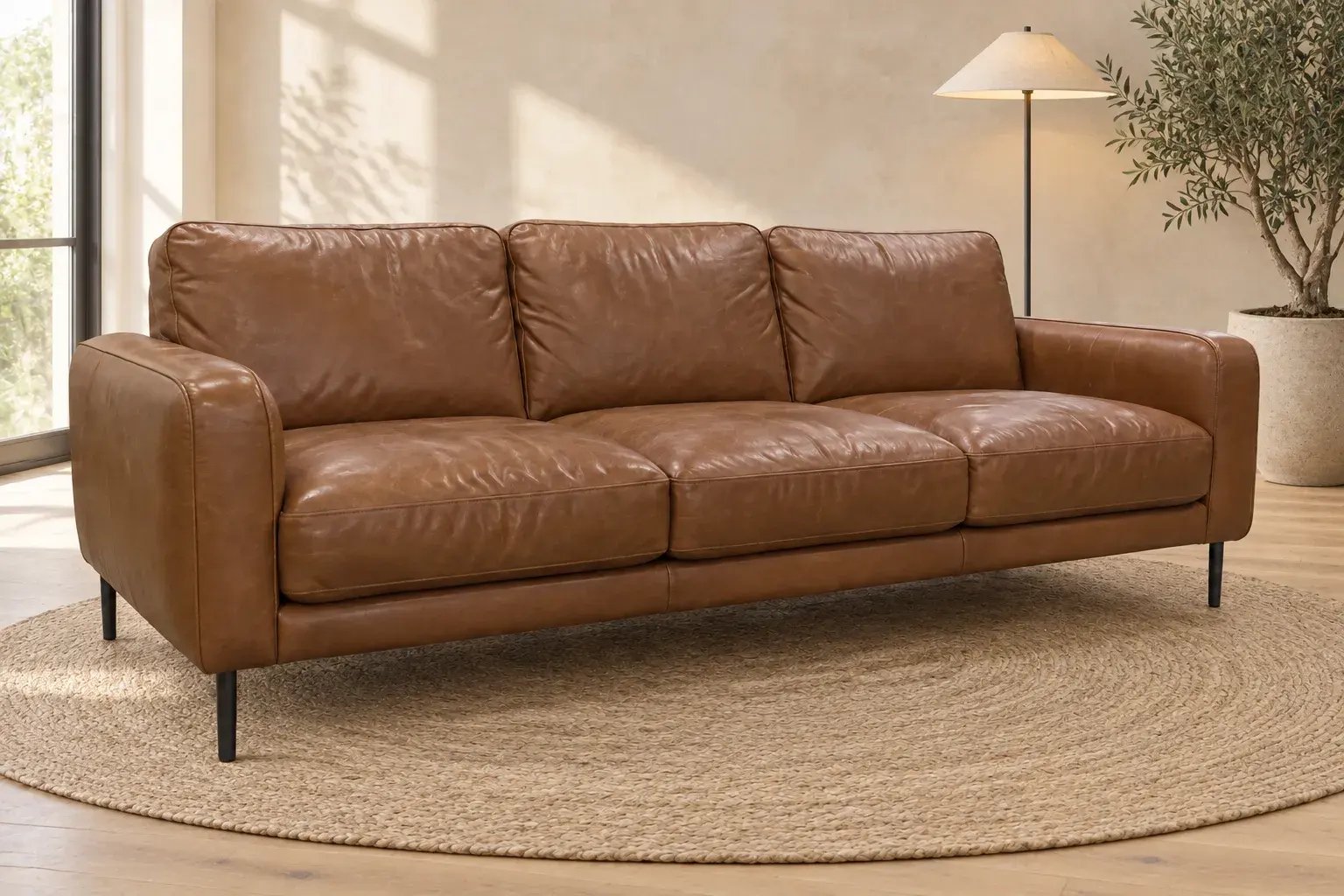 Ta sama sofa w jasnym salonie, na okrągłym jutowym dywanie, obok lampa i drzewko oliwne